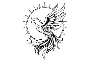 magical phoenix rising from golden flames with trailing embers surrounded by geometric sun and moon tattoo idea