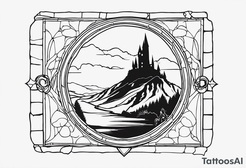 Lord of the rings main with Harry Potter mashup but clear independent visual of both movies. Small simple and minimal. No people in it. Not too much black. Hobbit door tattoo idea