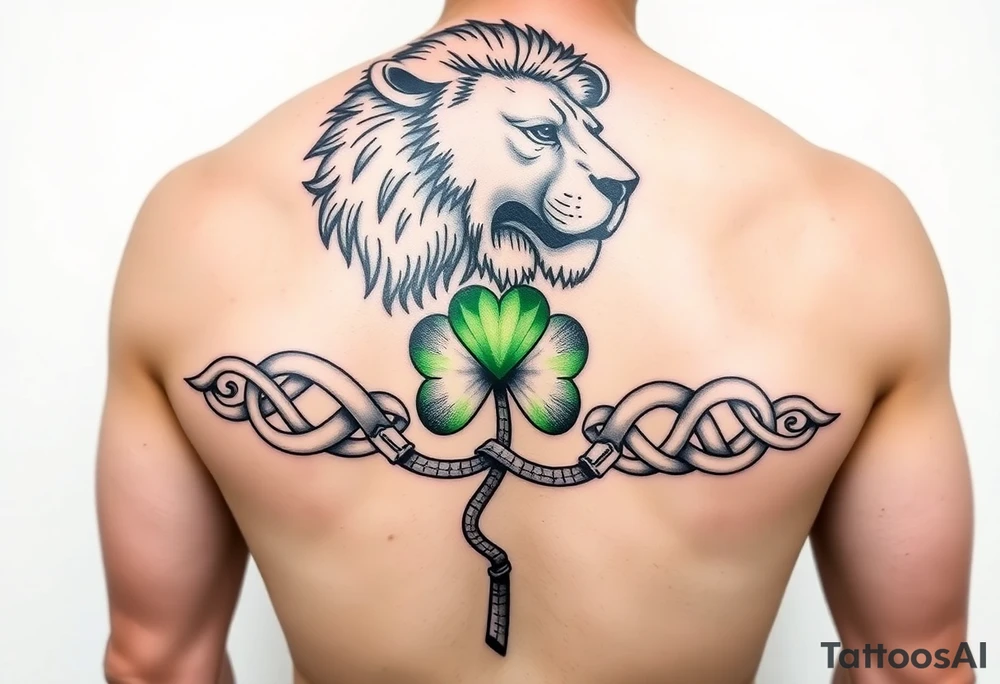 Create a men's half-sleeve tattoo with a powerful majestic lion at the top of the shoulder, extend the bottom of the lion's mane to become open and shaded Celtic knots that travel down the arm with a ribbon twist. At the twist, create a Celtic shamrock with green peridot jewel petals and an organic stem. Continue the knots to intersect with a Celtic warrior armband that wraps the arm just above the elbow. tattoo idea