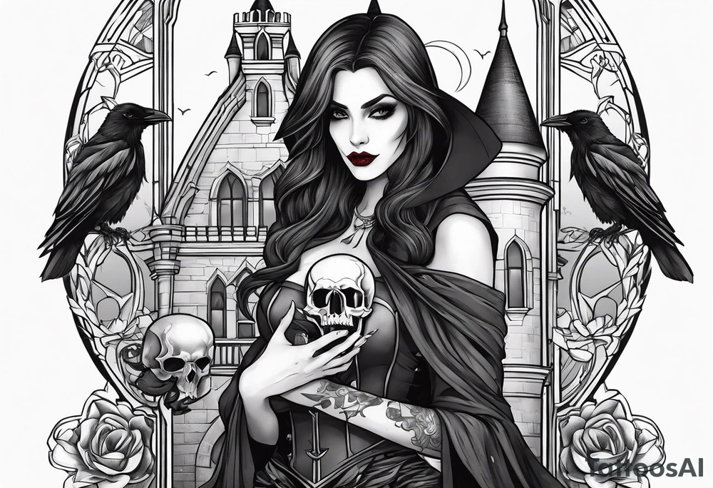 Sexy vampire holding skulls and crow with castle tattoo idea Sexy vampire holding skulls and crow with castle tattoo idea