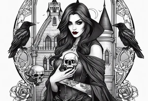 Sexy vampire holding skulls and crow with castle tattoo idea