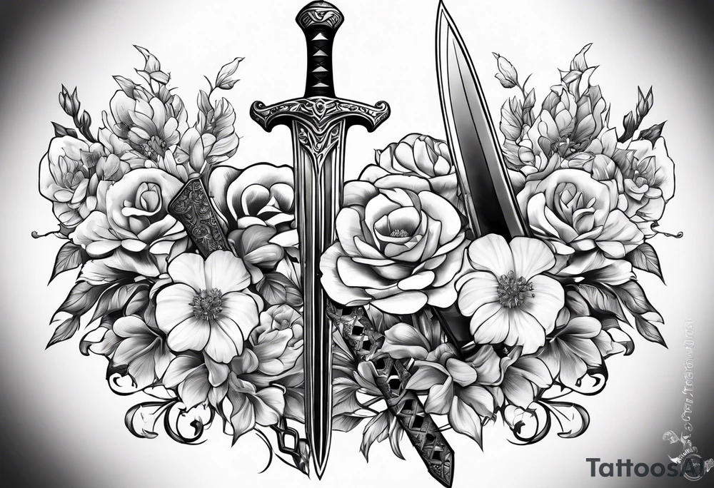 Sword with January, May and June birth flowers wrapped around it. tattoo idea