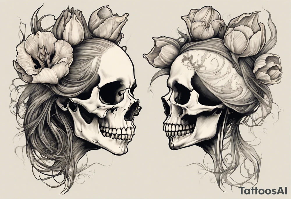 A profile view of a joyful female skull adorned with flowing, long hair, surrounded by symbolism representing the cycle of life and decay. Include a contrast between a fully decayed tulip, a pristine and vibrant tulip in full bloom, and a delicate tulip bud, all harmonizing with the eerie yet beautiful ambiance of the scene. tattoo idea