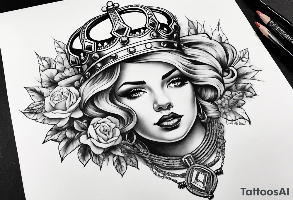 Hand cuffs,crown,Ram,Diamonds,pin-up tattoo idea