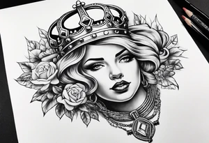 Hand cuffs,crown,Ram,Diamonds,pin-up tattoo idea