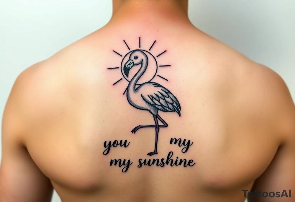 Cute cartoonish Flamingo with a sun and the saying you are my sunshine with colors tattoo idea