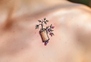 Cork & Vine – A simple design featuring a wine cork entwined by a grapevine, with green leaves, purple grapes, and natural brown bark texture. tattoo idea