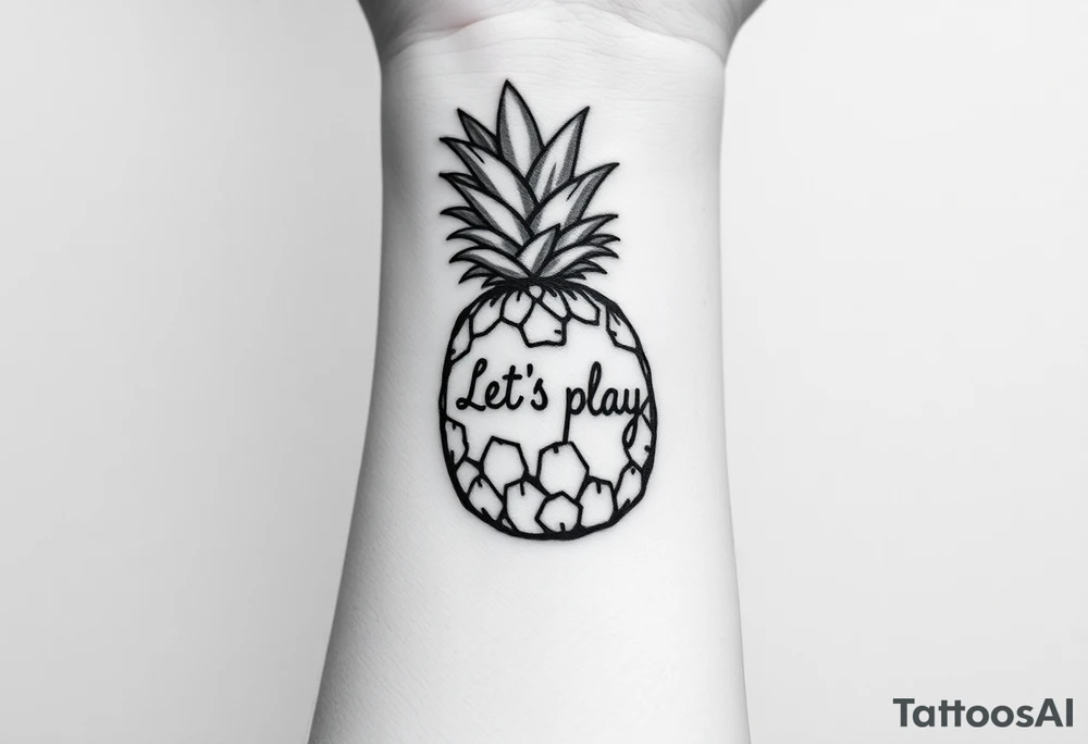 A black ink wrist tattoo featuring a realistic yet minimalistic pineapple. The pineapple is finely detailed with clean, precise lines, capturing the natural texture of the fruit while keeping the design subtle and uncluttered. Inside the body of the pineapple, the phrase "Let's play" is clearly placed in a bold but not overly thick font, ensuring readability while maintaining balance with the overall design. The leaves of the pineapple have a fine-line style with slight variations in thickness for a natural feel. The tattoo blends fine details with subtle bold elements, creating a clean and modern aesthetic. tattoo idea