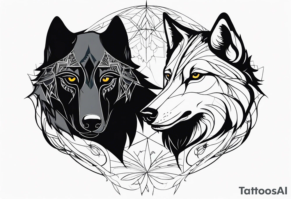 a wolf and a raven facing the front tattoo idea