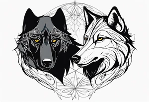 a wolf and a raven facing the front tattoo idea