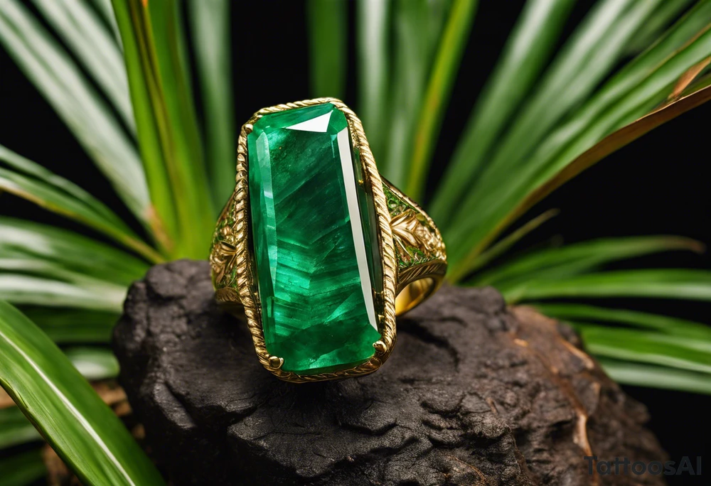 Tattoo: A striking Gachala emerald sits at the base of a tall quindio wax palm, which grows resiliently from cracks in rugged, rocky soil. The emerald is the main focal point, symbolizing strength and endurance, while the wax palm, rooted in the soil’s crevices, represents growth and resilience. A small water stream flows gently from the rocks, adding an element of life and nourishment tattoo idea