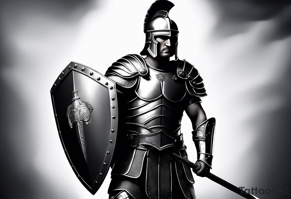 high quality black and white illustration, full body image, a strong tall roman centurion, wearing armour, wearing a belt, wearing a metal breastplate, holding a large shield, wearing a helmet, holding a sword. Flaming arrows are being fired at the centurion, he is blocking the arrows with his shield tattoo idea