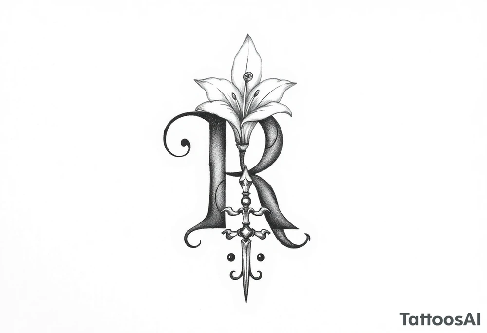 Give me a 'R' with a lily come out the top and a Sagittarius at the bottom tattoo idea