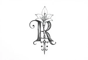 Give me a 'R' with a lily come out the top and a Sagittarius at the bottom tattoo idea