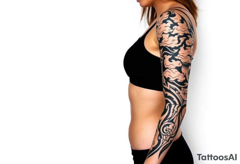 right arm sleeve, clouds and lightning mixed throughout, tattoo idea