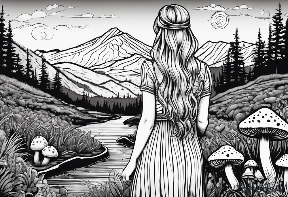Straight long blonde hair hippie girl in distance holding mushrooms in hand facing away toward mountains and creek surrounded by mushrooms black and white striped dress tattoo idea