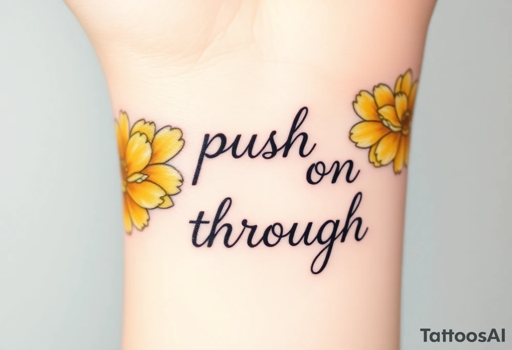 Yellow carnations on either side of the words “push on through” tattoo idea
