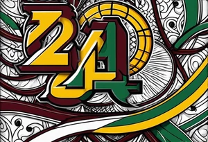 basketball number 24 with colors green, yellow, maroon and black tattoo idea