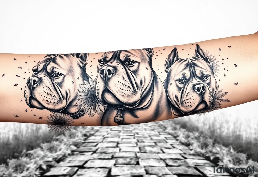 Three very thick muscled up pitbull portraits fading into the background as filler incorporate sunflowers, an old road made from pavers tattoo idea