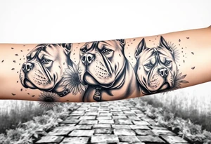 Three very thick muscled up pitbull portraits fading into the background as filler incorporate sunflowers, an old road made from pavers tattoo idea