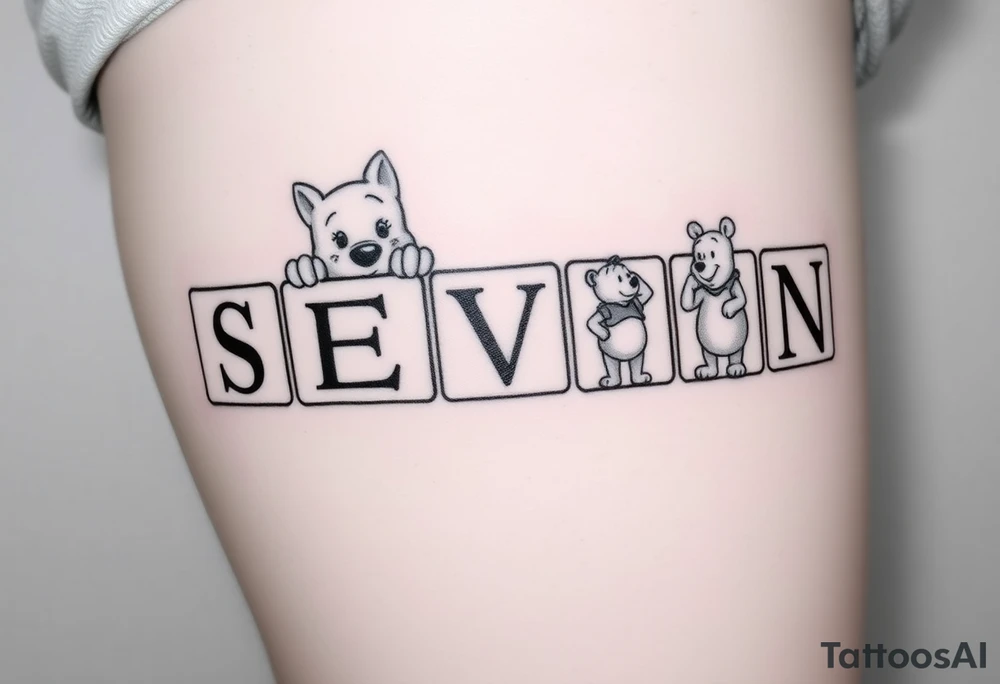 a thigh tattoo with alphabet blocks, but on the alphabet blocks, the name SEVYN is alternated on the sides of all five blocks and 07/14/25 is alternated on the sides of the blocks as well and on the top of the blocks Marie from the Aristocats peeking up looking showing her eyes, her bow on her head and her front pause and then on the bottom block then Winnie the Pooh standing on the ground, reaching up on the block for the honey that’s spilling off the side and on the left side not on the blocks to say 6 ounces 12 pounds 20 inches all lined up in a column going vertically starting with the 6 ounces 12 pounds and 20 inches in that order and then on the right side, not touching the blocks to say 3:51 AM. tattoo idea