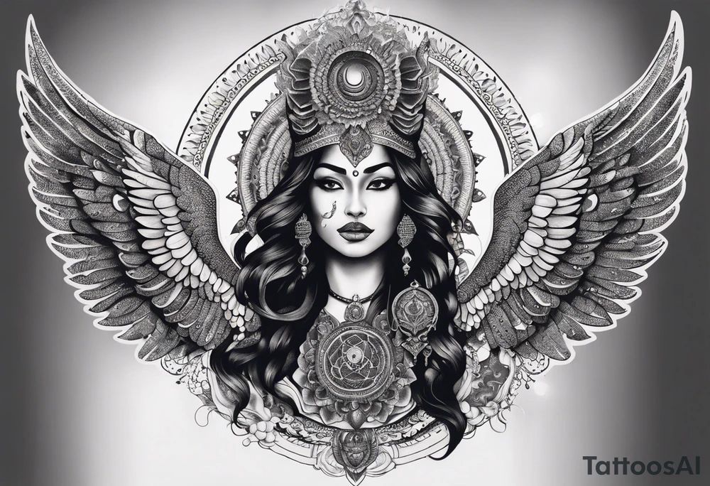 black kali, goddess pirate, alien, angel, pachamama, valkrye, warrior, flying, skull, lotus azul, wing, eagle, zenza resonance, stars, 5D, anahata chakra, death, durga, riding on a tiger, flying lady, kundalini, chest tatoo, samuri, rebel tattoo idea
