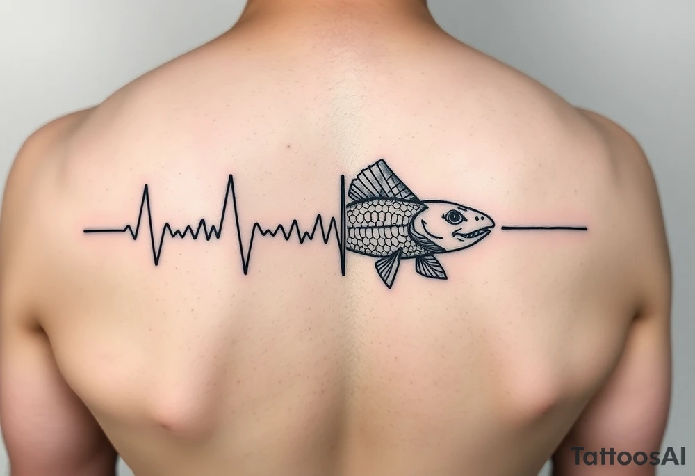 Design tattoo that goes from electrocardiogram life line to simple eagleray (fish) and back to electrocardiogram life line tattoo idea