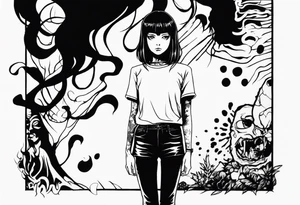 portrait of tomie standing up a character by the horror manga author junji ito full body standing menacingly. add more horror and gore elements tattoo idea