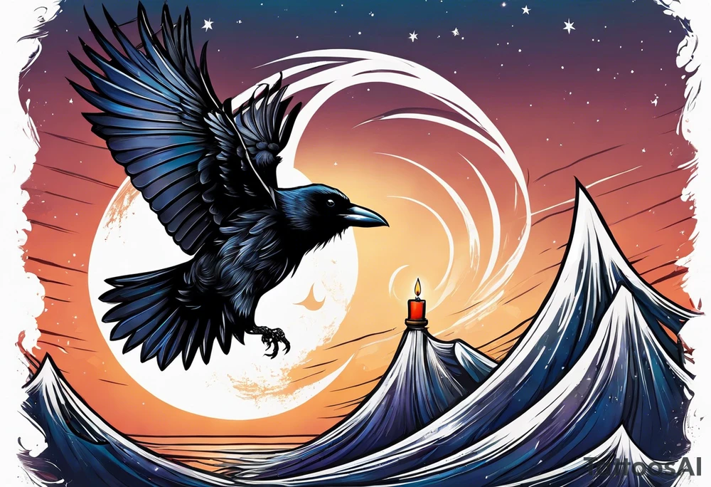 Crow with a candle mid flight with the crescent moon in the background tattoo idea