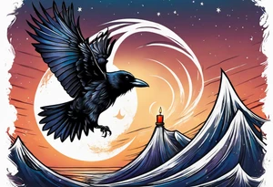 Crow with a candle mid flight with the crescent moon in the background tattoo idea