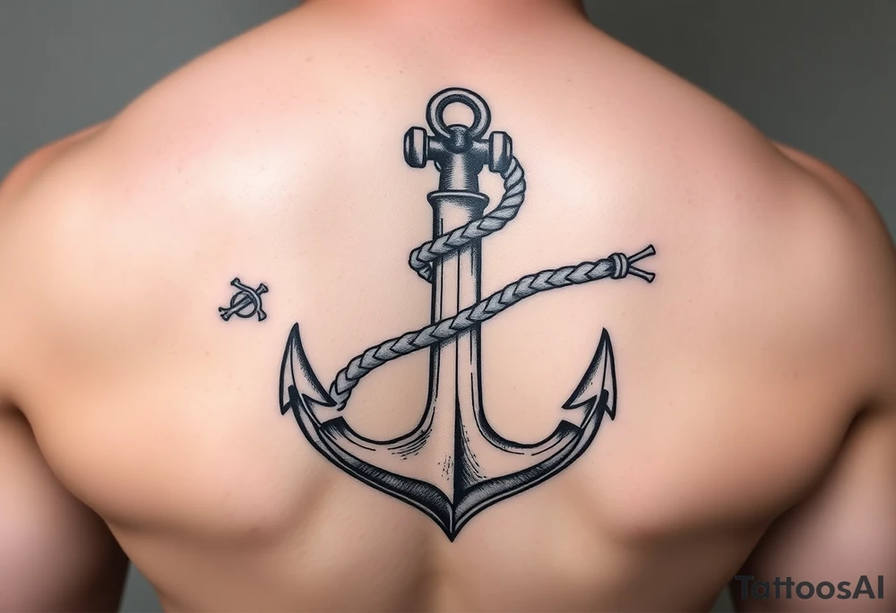 weathered anchor wrapped in nautical rope with sea waves tattoo idea
