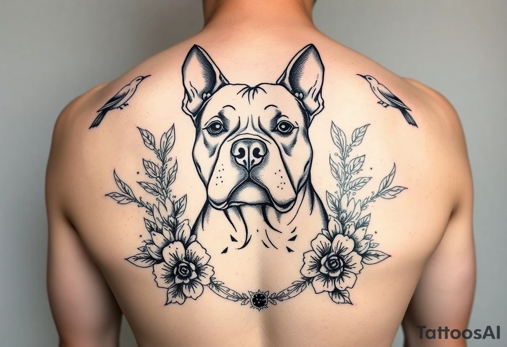 Memorial pit bull, surrounded by floral ornaments and birds tattoo idea