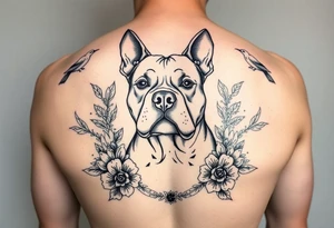 Memorial pit bull, surrounded by floral ornaments and birds tattoo idea