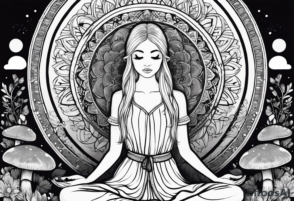 Straight blonde hair girl holding mushrooms in hand meditating facing away toward mountains surrounded by mushrooms crescent moon mandala circular design black and white striped dress tattoo idea