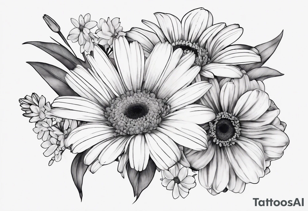 a fine line, dainty bouquet of a gerbera daisy, an iris, blue bells, and forget me nots, tied together with a small bow. no shading or realism. a small line work piece tattoo idea