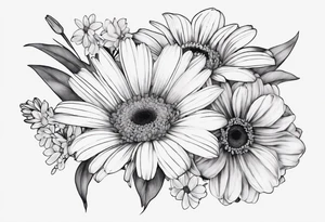 a fine line, dainty bouquet of a gerbera daisy, an iris, blue bells, and forget me nots, tied together with a small bow. no shading or realism. a small line work piece tattoo idea