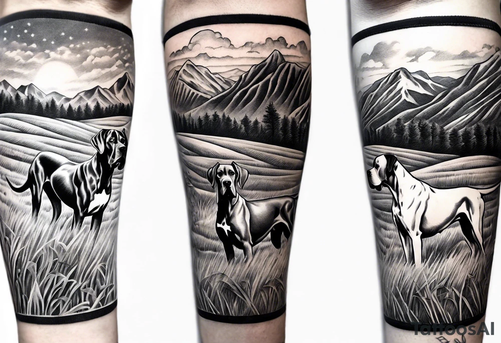 full arm sleeve. Rolling fields and Tennessee mountains with (4) Four Great Dane dogs running together in the field tattoo idea