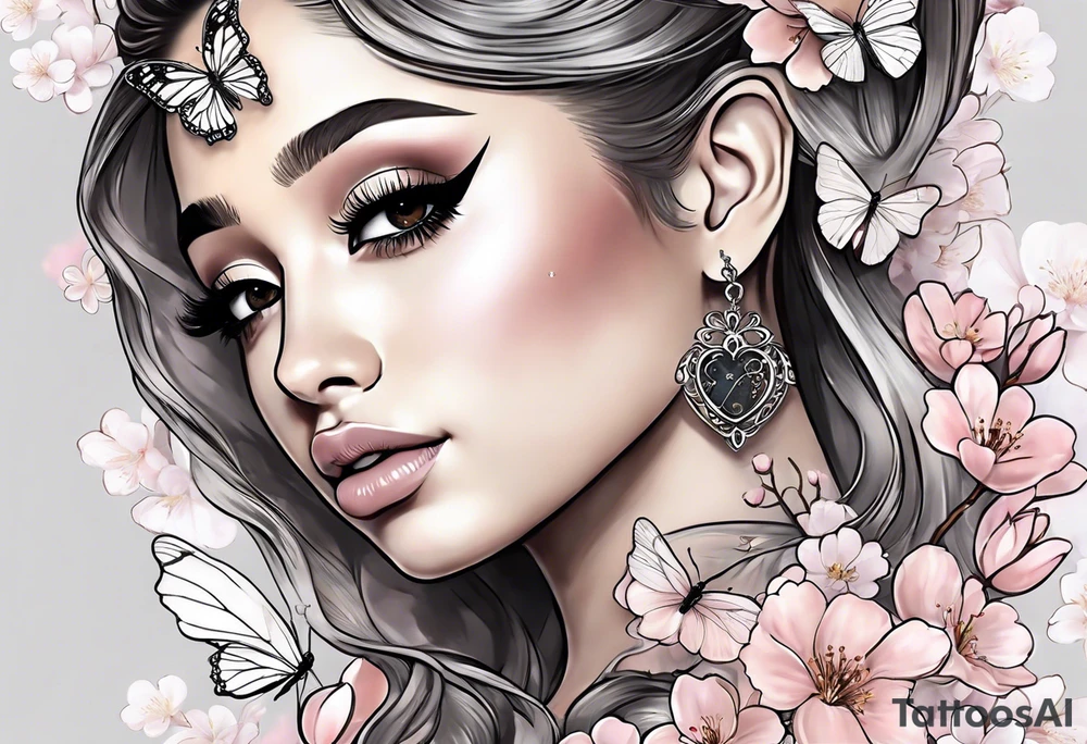 Ariana Grande surrounded in a golden aura with cherry blossoms and white butterflies with a key that unlocks a heart tattoo idea