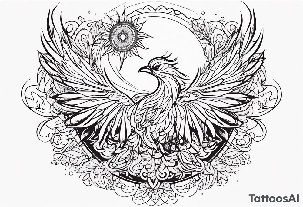 Tribal bohemian feminine impowering Phoenix rising with smoke, mandala sun, floral, lace background tattoo idea
