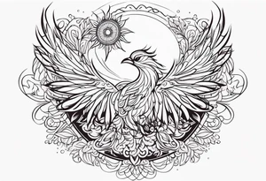 Tribal bohemian feminine impowering Phoenix rising with smoke, mandala sun, floral, lace background tattoo idea