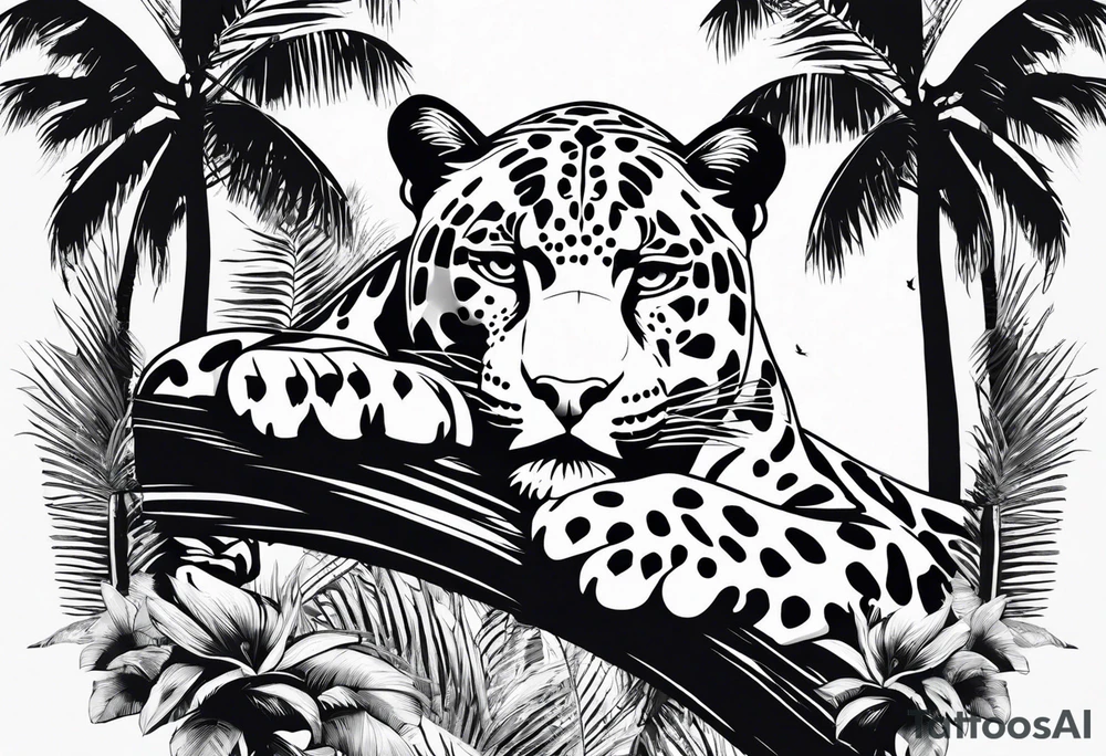 jaguar laying on palm tree tattoo idea
