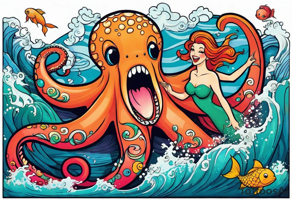 Giant octopus and mermaid frolicking in the sea tattoo idea