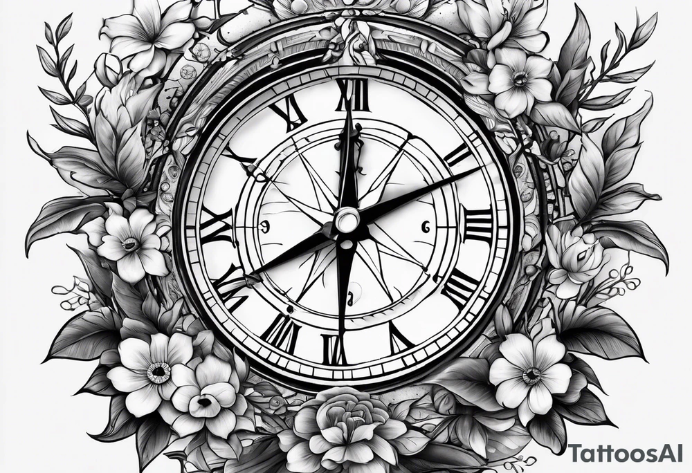 combination of a nautical compass and a old school clock face, with a doctor bird, tree of life and decorated with lignum vitae flowers, 3/4 sleeve on arm, flowing all together tattoo idea