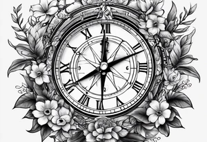 combination of a nautical compass and a old school clock face, with a doctor bird, tree of life and decorated with lignum vitae flowers, 3/4 sleeve on arm, flowing all together tattoo idea