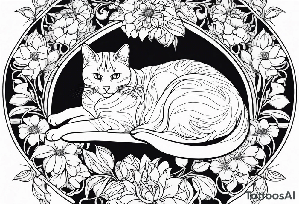 Art nouveau forearm tattoo of cat laying in flowers tattoo idea