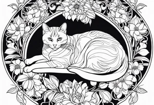 Art nouveau forearm tattoo of cat laying in flowers tattoo idea