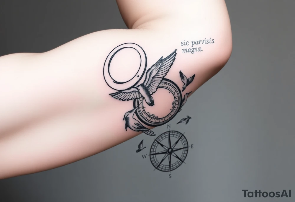 Uncharted 4 sleeve including the designs of the ring, decoder, birds, map, and compass with the words sic parvis magna. tattoo idea