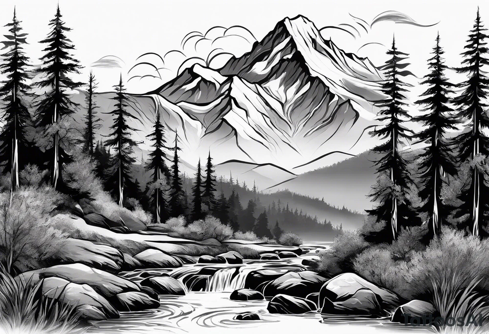 Mountain with a creek at the bottom and bushes at the base. For a full arm sleeve tattoo idea