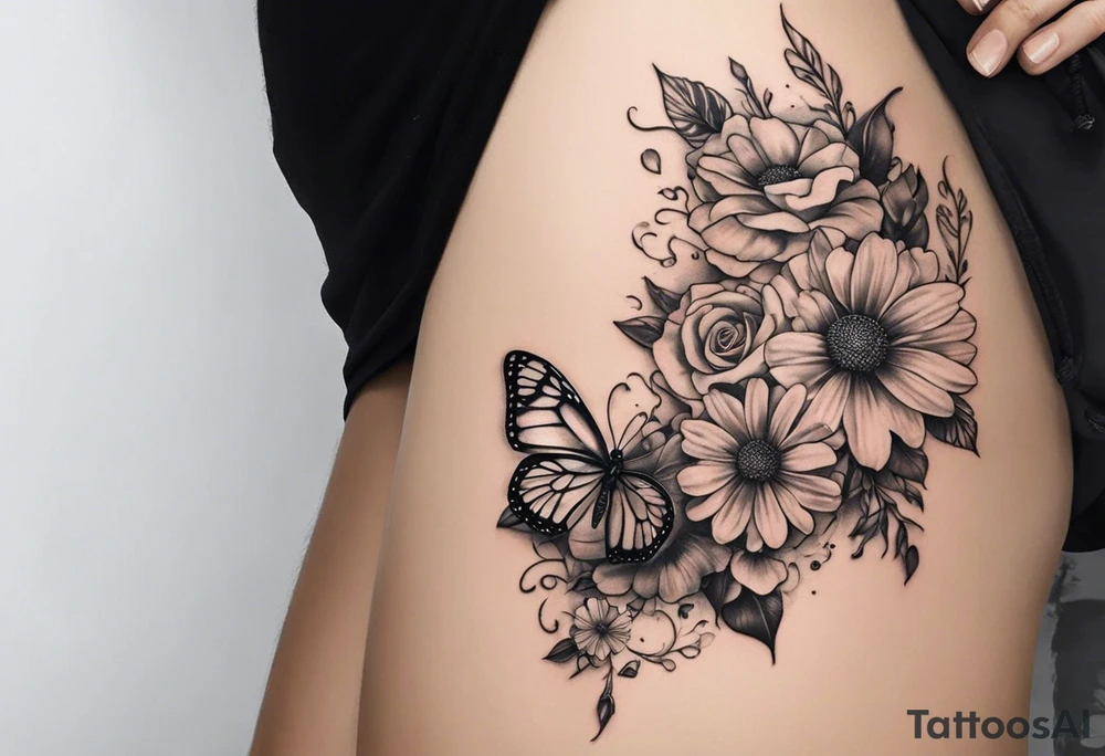 tattoo to represent that I have 3 children (girls). For inspiration I like flowers, the beach. Tattoo is for ribcage down side of body. I don't want images of women or girls in it. I want it pretty. To include daisy flowers and roses and buterfly tattoo idea