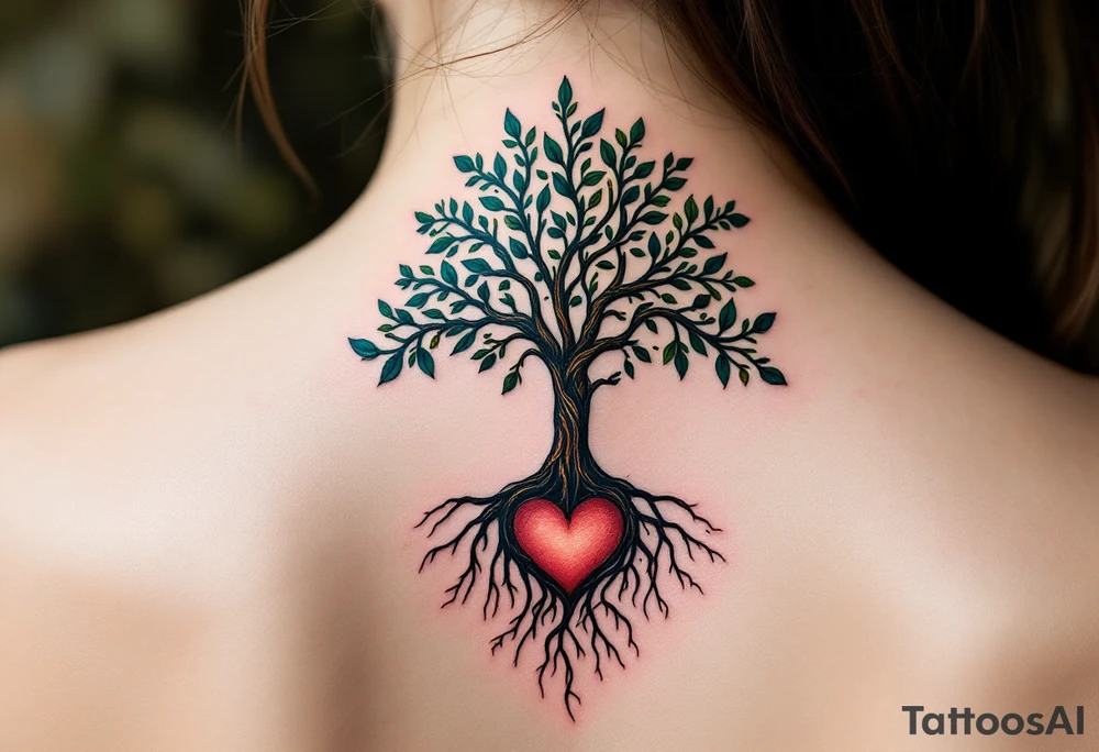 A tree of life in earthy greens and browns with roots shaped like one big heart honors the grounding strength of motherhood. tattoo idea